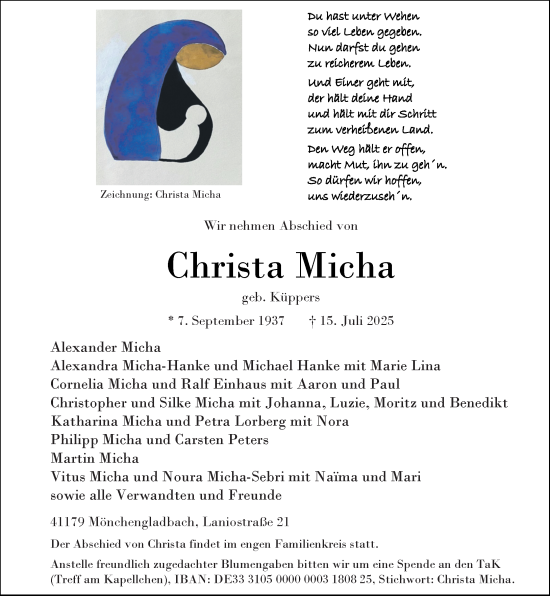 Traueranzeige von Christa Micha von trauer.extra-tipp-moenchengladbach.de