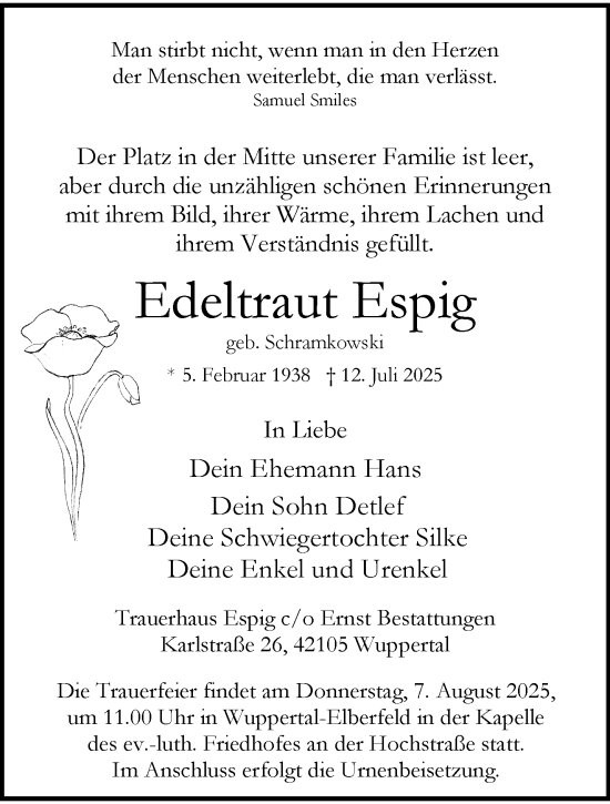 Traueranzeige von Edeltraut Espig von trauer.wuppertaler-rundschau.de
