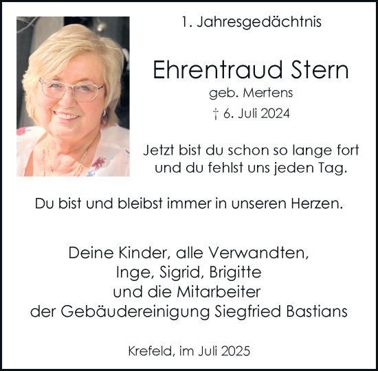 Traueranzeige von Ehrentraud Stern von trauer.extra-tipp-moenchengladbach.de