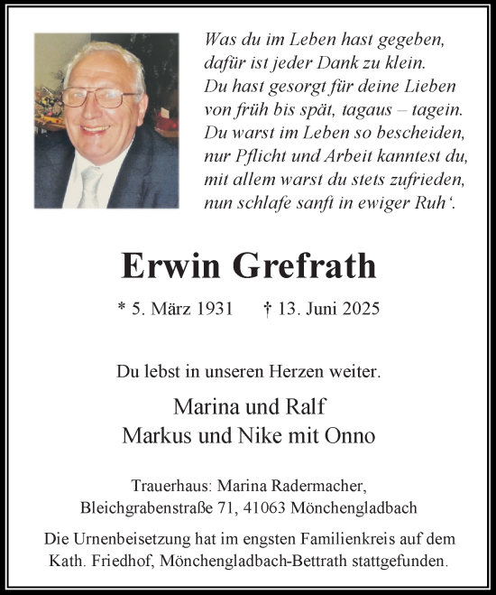 Traueranzeige von Erwin Grefrath von trauer.extra-tipp-moenchengladbach.de