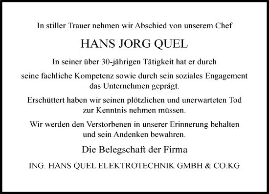 Traueranzeige von Hans Jorg Quel von trauer.wuppertaler-rundschau.de