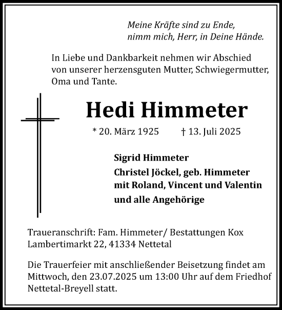 Traueranzeige von Hedi Himmeter von trauer.extra-tipp-moenchengladbach.de