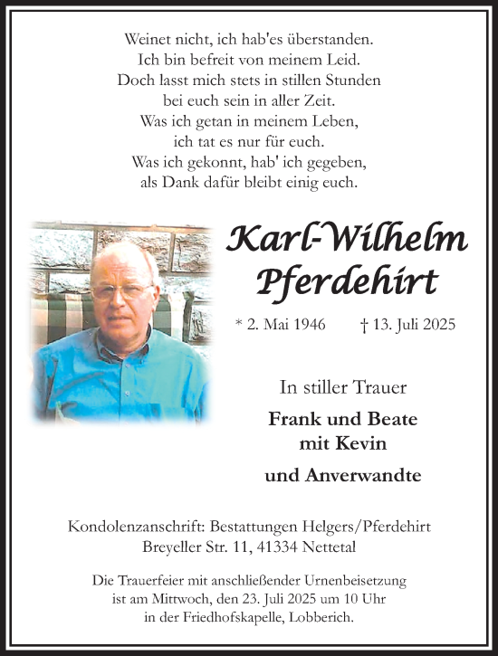 Traueranzeige von Karl-Wilhelm Pferdehirt von trauer.extra-tipp-moenchengladbach.de