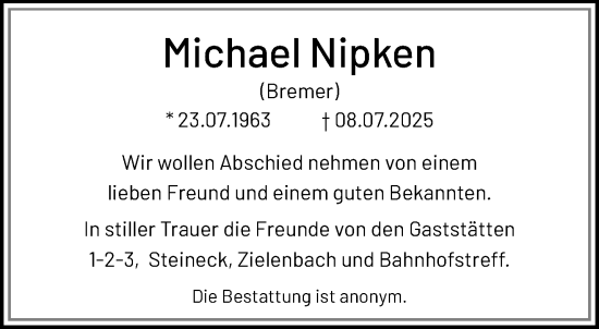 Traueranzeige von Michael Nipken von trauer.extra-tipp-moenchengladbach.de