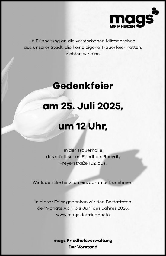 Traueranzeige von Nachruf mags Friedhofsverwaltung von trauer.extra-tipp-moenchengladbach.de
