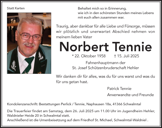 Traueranzeige von Norbert Tennie von trauer.extra-tipp-moenchengladbach.de