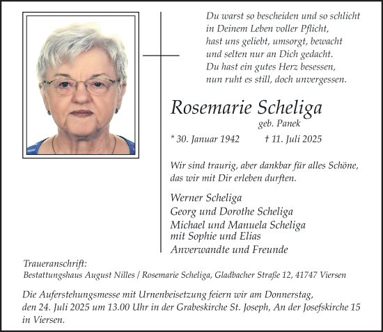 Traueranzeige von Rosemarie Scheliga von trauer.extra-tipp-moenchengladbach.de