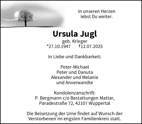 Traueranzeige von Ursula Jugl von trauer.wuppertaler-rundschau.de