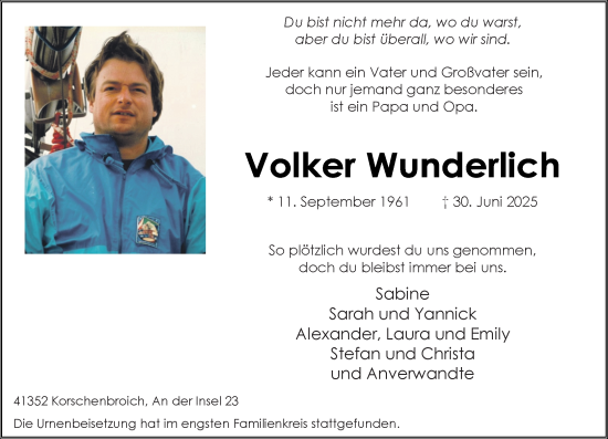 Traueranzeige von Volker Wunderlich von trauer.extra-tipp-moenchengladbach.de
